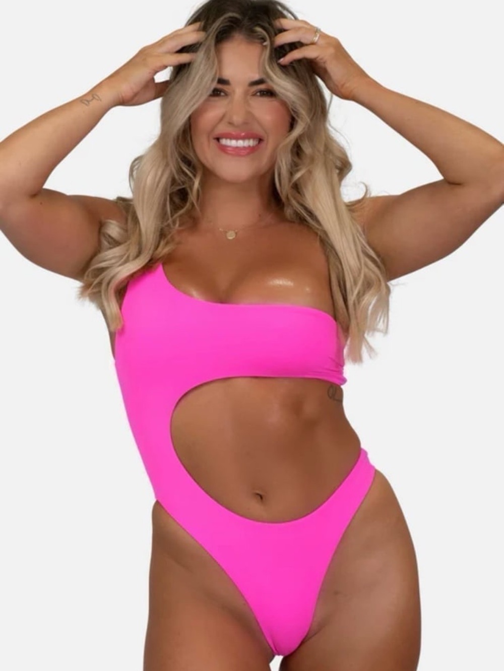 moana bikini Hot Pink One-Shoulder Cutout Swimsuit